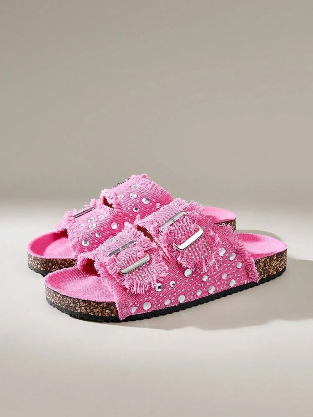 Hot Pink Casual Women's Round Toe Fringed Rhinestone Double Buckle Flat Shoes